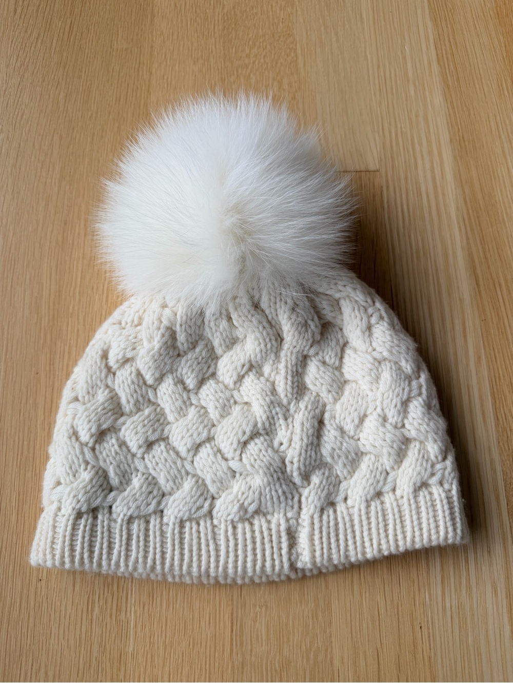 Raffaello Bettini Genuine Fox Fur Pom Hat with Cashmere Cable Knit